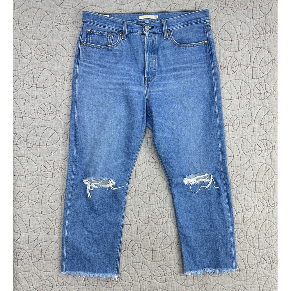Levi's Premium Big E Wedgie Straight Jeans Blue Distressed Raw Hem / Womens 31